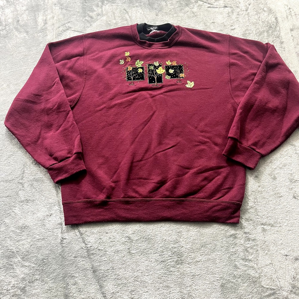Vintage 90s Trilogy Double Collar Fall Leaves Velvet Embroidered Sweatshirt XL